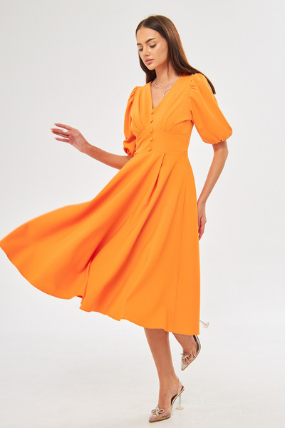 Bidoluelbise Μπαλόνι μανίκι V-λαιμόκοψη Ζώνη μπούστο Λεπτομέρεια Διακοσμητικό κουμπί στήθος Πλισέ υφαντό ντραπέ ύφασμα Midi φόρεμα