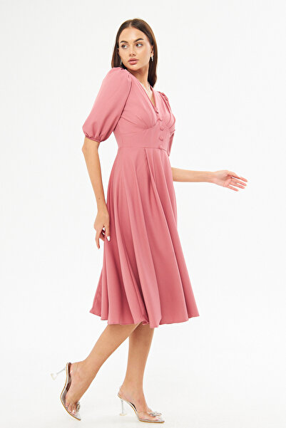 Bidoluelbise Μπαλόνι μανίκι V-λαιμόκοψη Ζώνη μπούστο Λεπτομέρεια Διακοσμητικό κουμπί στήθος Πλισέ υφαντό ντραπέ ύφασμα Midi φόρεμα