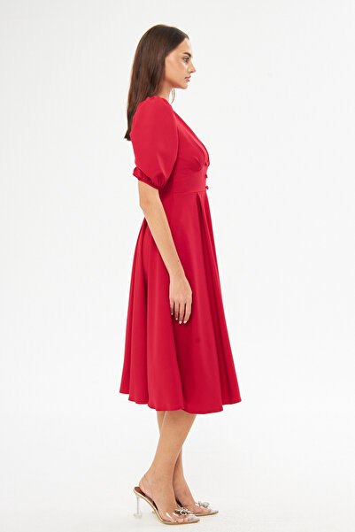 Bidoluelbise Balloon Sleeve V-neck Corsage Belt Detail Ornamental Buttoned Chest Pleated Woven Draped Fabric Midi Dress