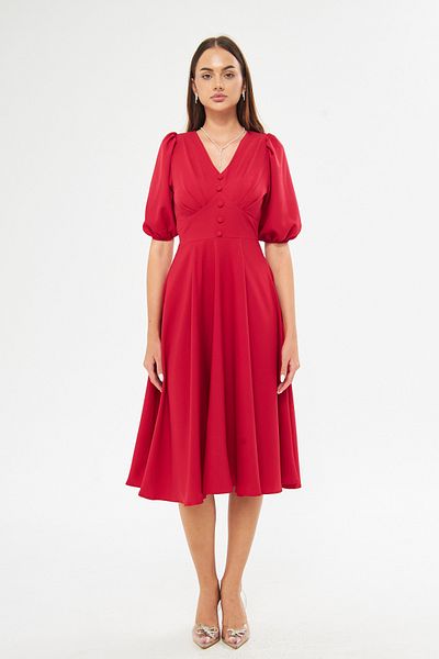 Bidoluelbise Balloon Sleeve V-neck Corsage Belt Detail Ornamental Buttoned Chest Pleated Woven Draped Fabric Midi Dress