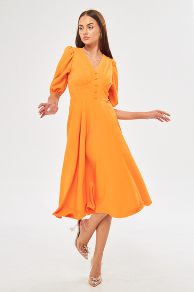 Bidoluelbise Μπαλόνι μανίκι V-λαιμόκοψη Ζώνη μπούστο Λεπτομέρεια Διακοσμητικό κουμπί στήθος Πλισέ υφαντό ντραπέ ύφασμα Midi φόρεμα