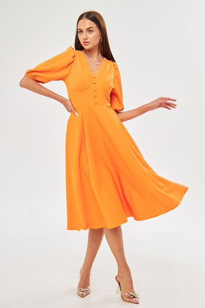 Bidoluelbise Balloon Sleeve V-neck Corsage Belt Detail Ornamental Buttoned Chest Pleated Woven Draped Fabric Midi Dress