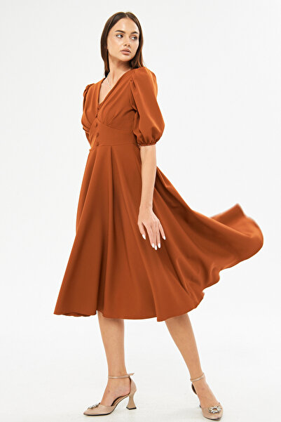 Bidoluelbise Μπαλόνι μανίκι V-λαιμόκοψη Ζώνη μπούστο Λεπτομέρεια Διακοσμητικό κουμπί στήθος Πλισέ υφαντό ντραπέ ύφασμα Midi φόρεμα