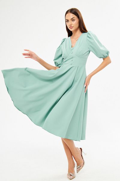Bidoluelbise Balloon Sleeve V-neck Corsage Belt Detail Ornamental Buttoned Chest Pleated Woven Draped Fabric Midi Dress