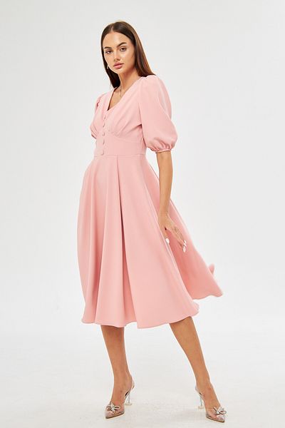 Bidoluelbise Balloon Sleeve V-neck Corsage Belt Detail Ornamental Buttoned Chest Pleated Woven Draped Fabric Midi Dress