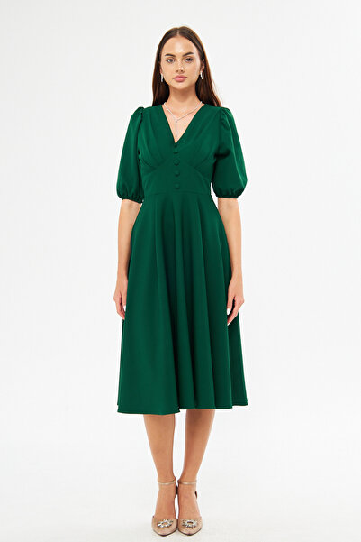 Bidoluelbise Μπαλόνι μανίκι V-λαιμόκοψη Ζώνη μπούστο Λεπτομέρεια Διακοσμητικό κουμπί στήθος Πλισέ υφαντό ντραπέ ύφασμα Midi φόρεμα