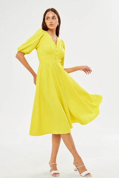 Bidoluelbise Balloon Sleeve V-neck Corsage Belt Detail Ornamental Buttoned Chest Pleated Woven Draped Fabric Midi Dress