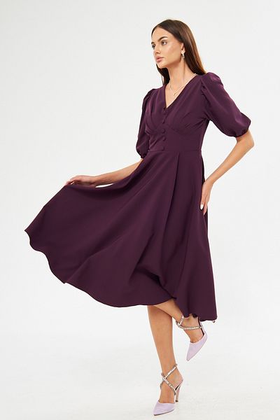 Bidoluelbise Balloon Sleeve V-neck Corsage Belt Detail Ornamental Buttoned Chest Pleated Woven Draped Fabric Midi Dress