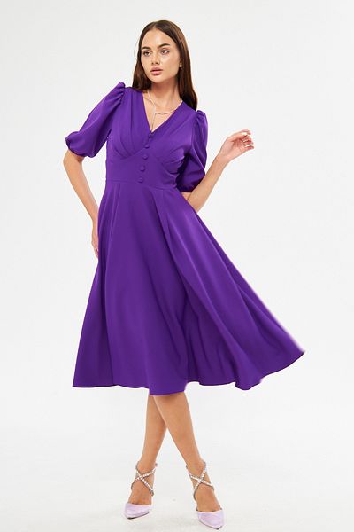Bidoluelbise Balloon Sleeve V-neck Corsage Belt Detail Ornamental Buttoned Chest Pleated Woven Draped Fabric Midi Dress