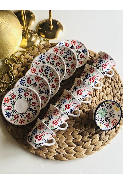 Den Tasarım Hediyelik Mother's Day Special Colorful Daisy Handmade Embroidered 6-Person Coffee Cup Set and Bowl