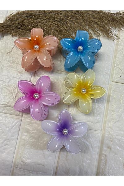 sema aksesuar 5 Pieces Pearled Lotus Flower Shiny Acrylic Women's Clothespin Buckle Set - Pearl Hibiscus Luxury Flower Buckle