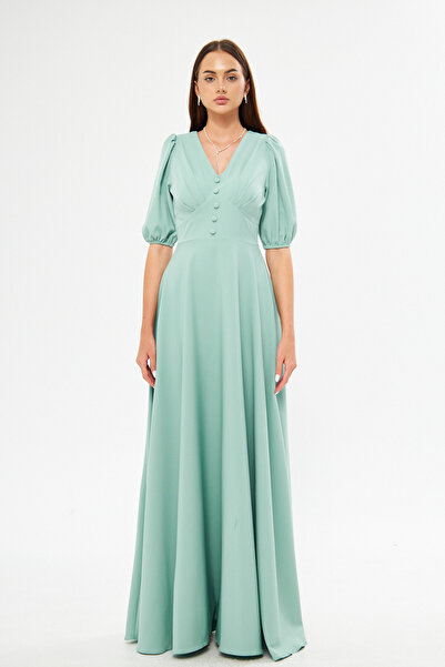 Bidoluelbise Μπαλόνι μανίκι V-λαιμόκοψη λεπτομέρεια ζώνη κορσάζ Διακοσμητικό στήθος με πλισέ υφαντό ντραπέ Φόρεμα μήκους