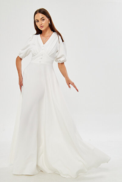 Bidoluelbise Μπαλόνι μανίκι V-λαιμόκοψη λεπτομέρεια ζώνη κορσάζ Διακοσμητικό στήθος με πλισέ υφαντό ντραπέ Φόρεμα μήκους