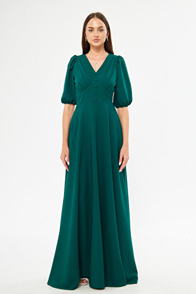 Bidoluelbise Μπαλόνι μανίκι V-λαιμόκοψη λεπτομέρεια ζώνη κορσάζ Διακοσμητικό στήθος με πλισέ υφαντό ντραπέ Φόρεμα μήκους