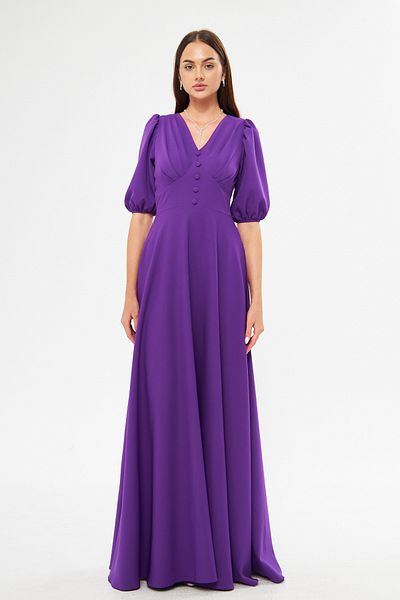 Bidoluelbise Balloon Sleeve V-neck Corsage Belt Detail Ornamental Buttoned Chest Pleated Woven Draped Fabric Maxi Length Dress