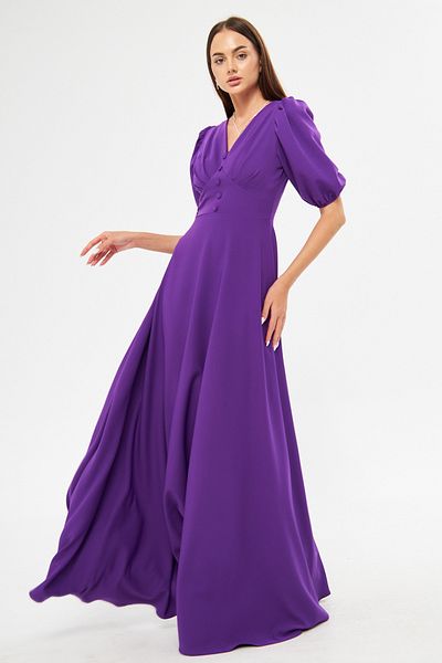 Bidoluelbise Balloon Sleeve V-neck Corsage Belt Detail Ornamental Buttoned Chest Pleated Woven Draped Fabric Maxi Length Dress