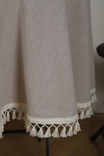 NDC HOME Beige Raw Pompom ROUND Tablecloth