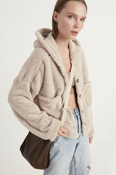 MEECY Cremefarbene Strickjacke aus Plüsch mit Kapuze und zwei Taschen für Damen