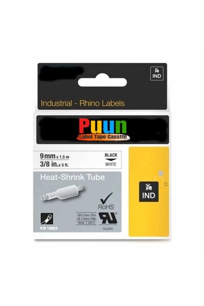 PUUN Dymo 18053 Rhinopro Bandă compatibilă termocontractabilă (9 mm x 1,5 Mt) Casetă de etichete alb-negru