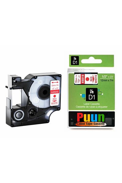 PUUN D1 45015 S0720550 12mm x 7 m. Casetă de etichetă cu bandă de scris roșu la etichetă albă echivalentă