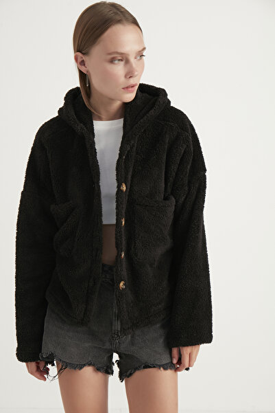 MEECY Women's Black Double Pocket Hooded Plush Cardigan
