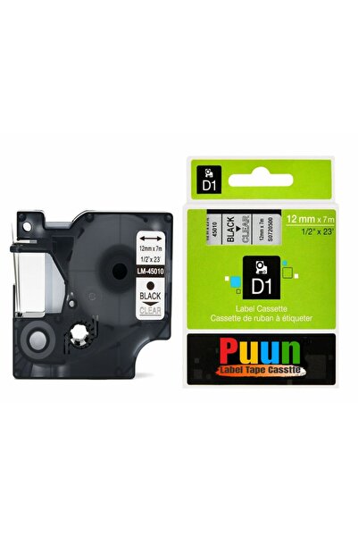 PUUN Dymo D1 45010 S0720500 12mm X 7 Mt. Uyumlu Şeffaf Etikete Siyah Yazı Şer...