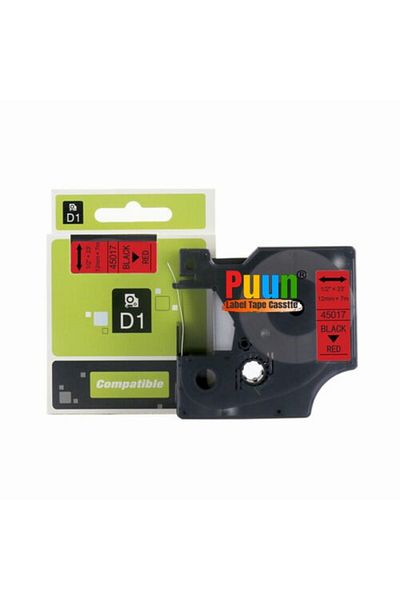 PUUN Dymo D1 45017 S0720570 12mm X 7 Mt. Casetă de etichetă cu bandă de scris neagră compatibilă cu etichetă roșie