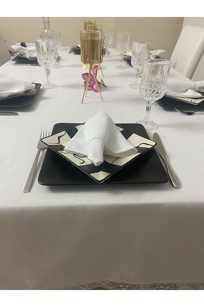 Zeren Home Față de masă cu aspect de in cu sclipici alb - Detaliu din dantelă, fără cârpă + 12 șervețele