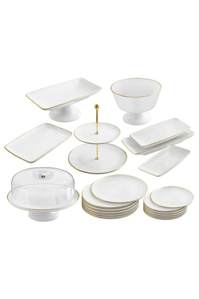 Esta GÖNÜL 21 PARÇA BEYAZ GOLD PASTA SERVIS SUNUM ÇEYİZ SETİ BEYAZ GOLD EST21