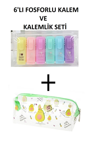 hediye butik Avokado Desenli Şeffaf Kalem Kutu Kalemlik Ve 6'lı Fosforlu Kale...