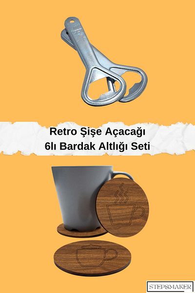 Step and Maker Retro Bottle Opener + 6-Piece Wooden Coaster