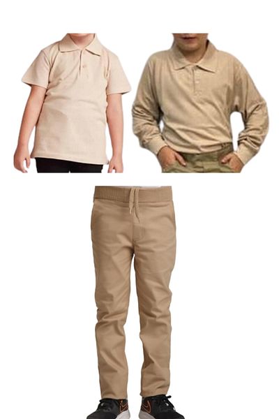 MaviMoure Pantaloni de scoala unisex pentru copii cu talie nervurata + tricou cu mânecă scurtă și lungă