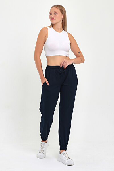 COMEOR Women's Navy Blue Elastic Leg Basic Jogger Knitted Sweatpants