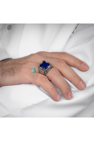 RevSilver Lapis Lazuli Taşı 925 Ayar Gümüş Erkek Yüzük Yonca Tasarım El İşçil...
