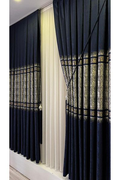 Fon Dünyası Panel Background Curtain Navy Blue Silver (Single Wing)
