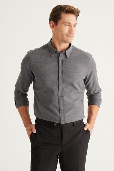 ALTINYILDIZ CLASSICS Ανδρικό πουκάμισο Anthracite Slim Fit στενό κόψιμο με κρυφό γιακά με κουμπιά 100% βαμβάκι