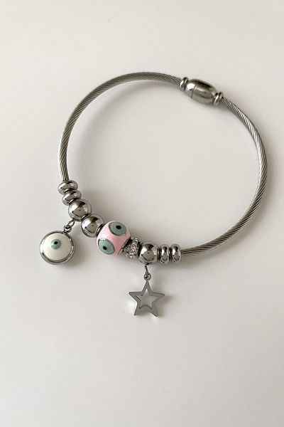 SilverStone Women's Evil Eye Beaded Starry Silver Color Star Steel Bracelet
