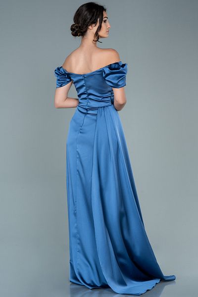 Abiyefon Long Satin Indigo Evening Dress - Leg Cut, Boat Neck Dress Abu1606
