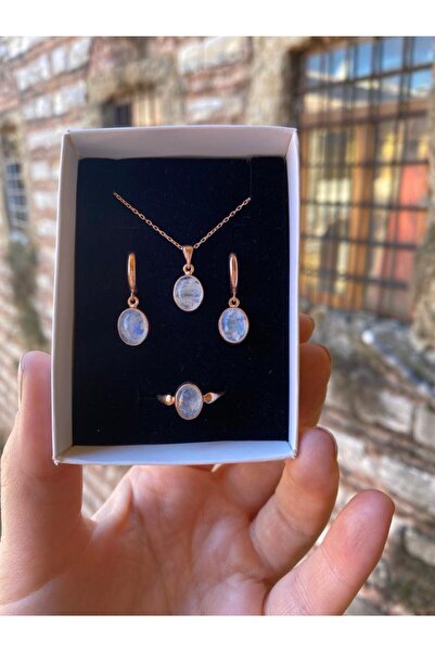 By Atölye Doğal Ay Taşı 925 Ayar Gümüş Roz Gold Aytaşı Takım & Set