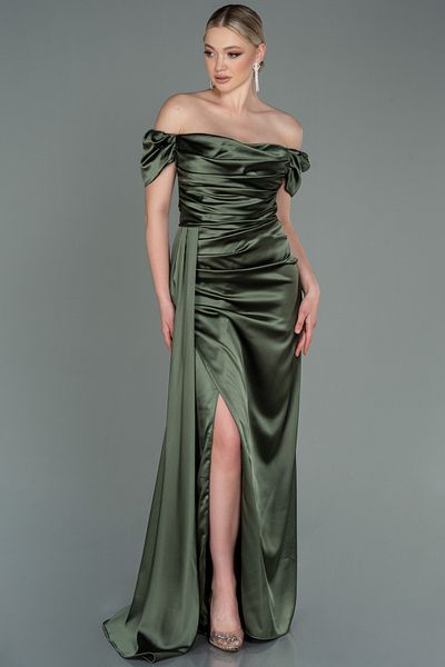 Abiyefon Khaki Leg Low-cut Boat Neck Long Satin Evening Dress Abu1606