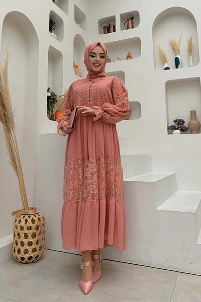 Bym Fashion Μπροστινό φόρεμα σιφόν με κουμπιά δαντέλα 3781 πούδρα