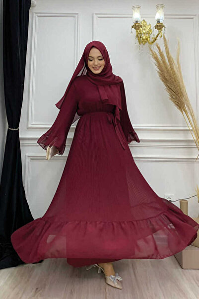 Bym Fashion Piliseli Fırfır Görünümlü Astarlı Şifon Elbise 3404 Bordo