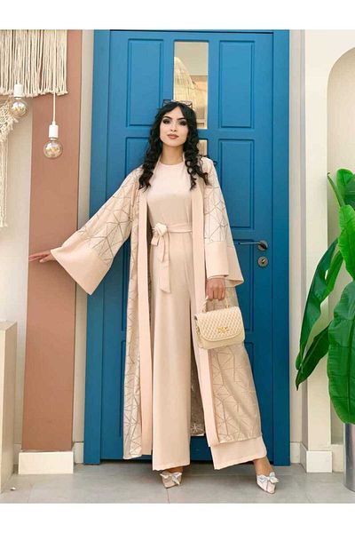 Bym Fashion Δαντελένιο Abaya με ζώνη τσέπης Λεπτομερές σετ φόρμας 3782 Πέτρα