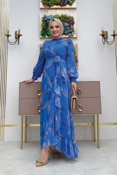 Bym Fashion Chiffonkleid mit Blattmuster und Rüschendetail 3842 Blau