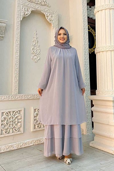 Bym Fashion Layered Look Μανίκια Φόρεμα σιφόν ελαστικό 3060 Γκρι