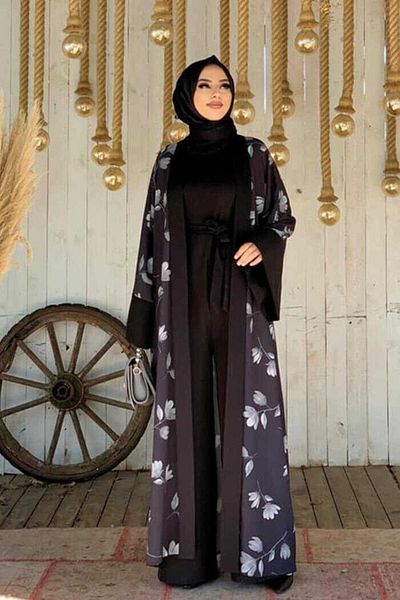 Bym Fashion Σετ ολόσωμη φόρμα με μοτίβο Abaya Plain Pocket Detail Ζώνη Zero Sleeve Jumpsuit 8312 Μαύρο