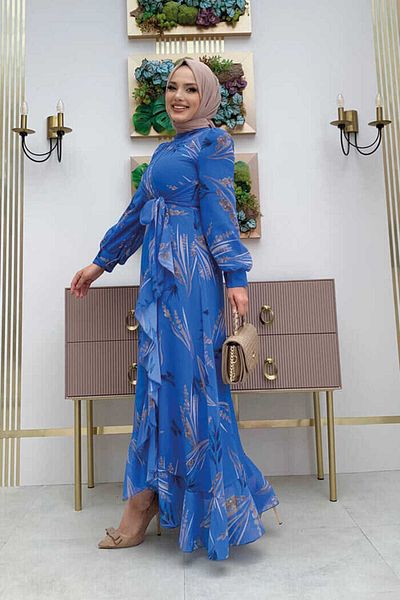 Bym Fashion Chiffonkleid mit Blattmuster und Rüschendetail 3842 Blau