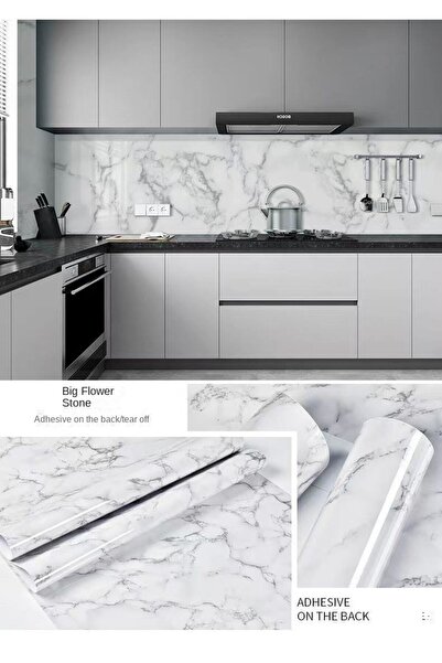 Horasan Ticaret Mermer Desenli Mutfak Tezgah Üstü Fayans Kaplama Yapışkanlı Folyo 5 Metre Beyaz