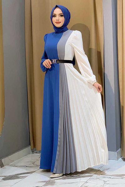 Bym Fashion Τρίχρωμη ζώνη μέσης πιέτες λεπτομέρειας φόρεμα 3622 Indigo