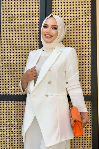 Bym Fashion Button Detail Blazer Jacket Loose Trousers Set 8302 Ecru